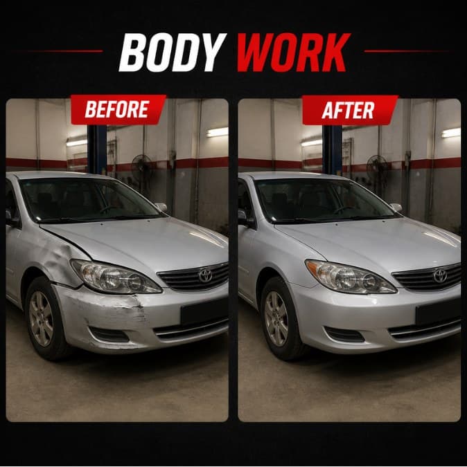 Silver sedan with a front-corner dent, before and after body work