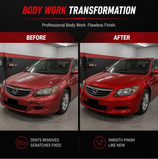 Red sedan with a dented hood and bumper, before and after body work