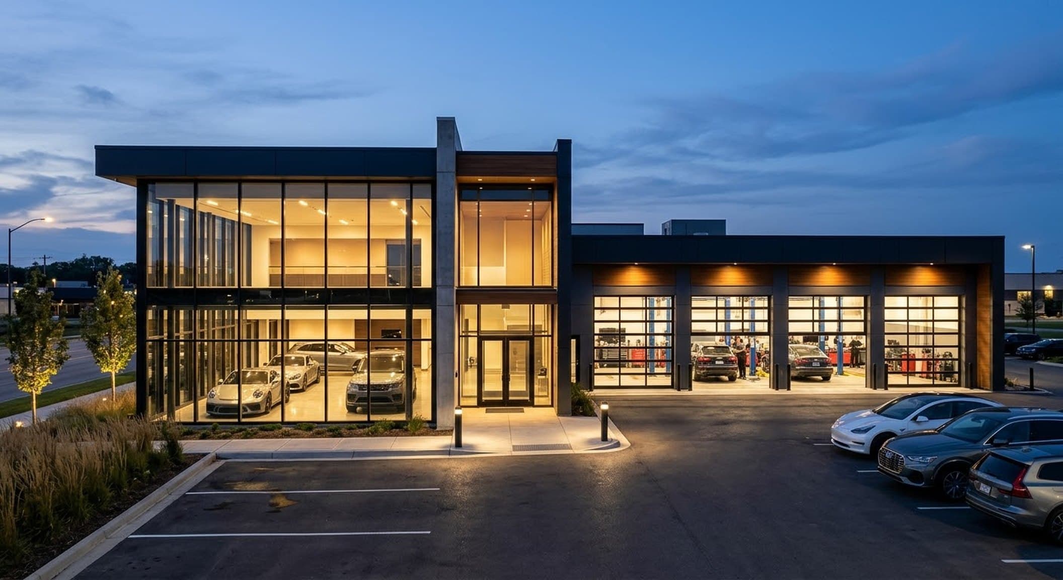 Northline Auto showroom and service bays at dusk (sample photo)
